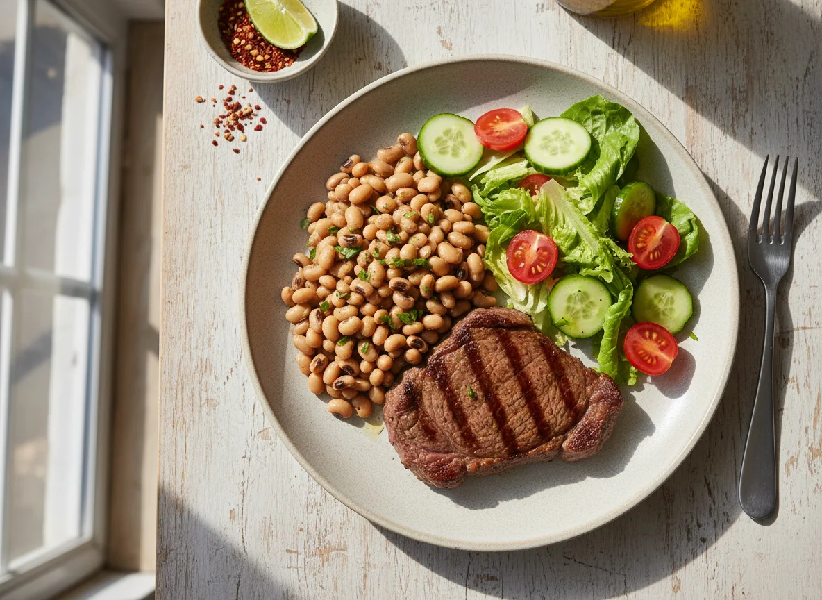 Prato com bife, feijão-fradinho e salada photo