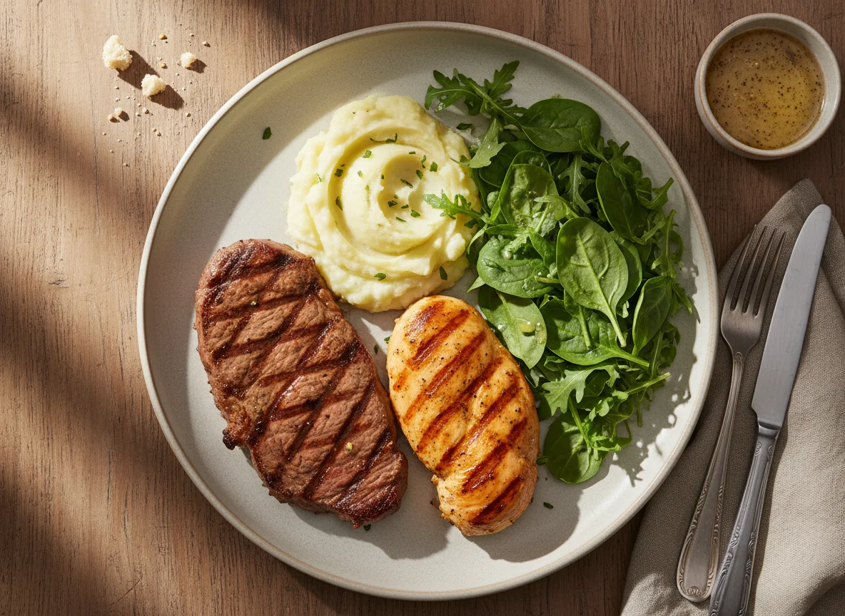 Prato com bife, frango, purê de batata e salada photo