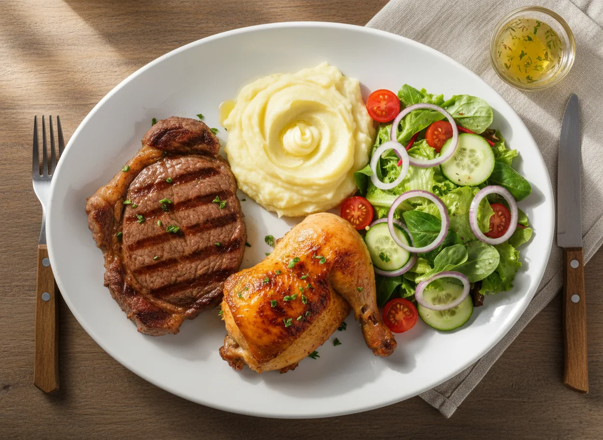 Prato com bife, frango, purê e salada photo