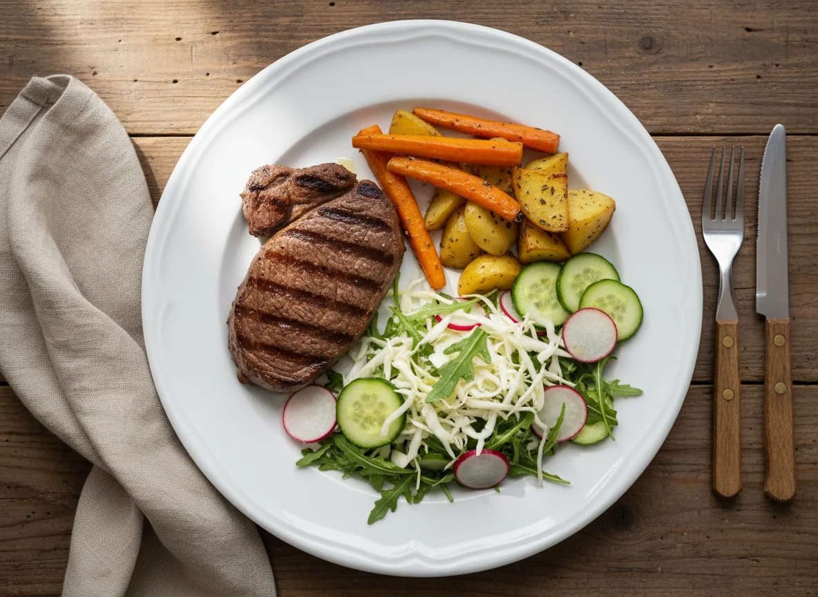 Prato com bife, legumes assados e salada photo