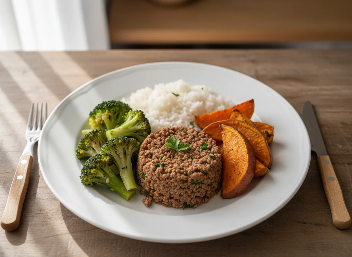 Prato com bife moído, brócolis, batata doce e arroz photo