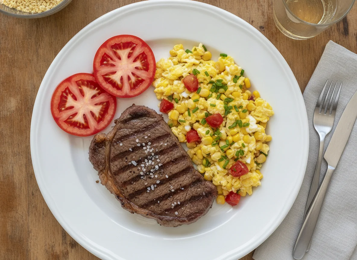 Prato com bife, ovos mexidos com milho e tomate photo