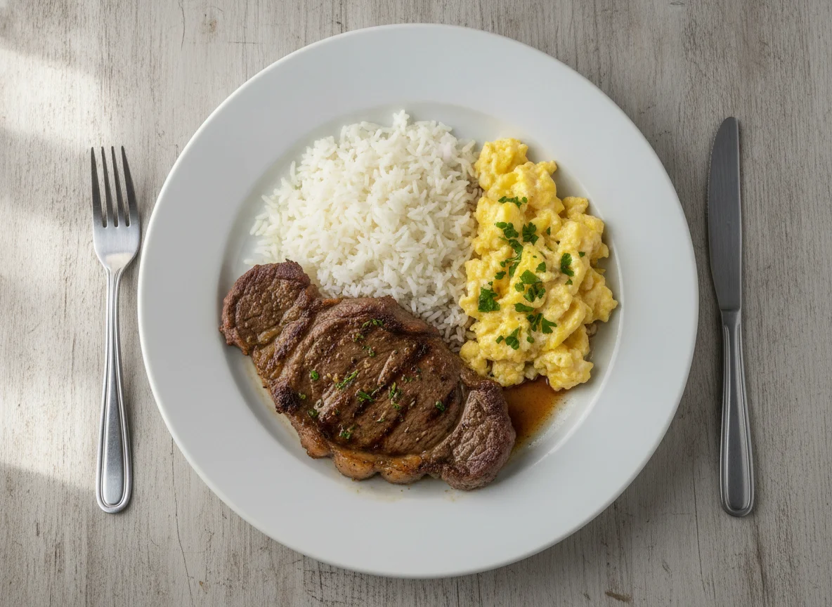 Prato com bife, ovos mexidos e arroz photo