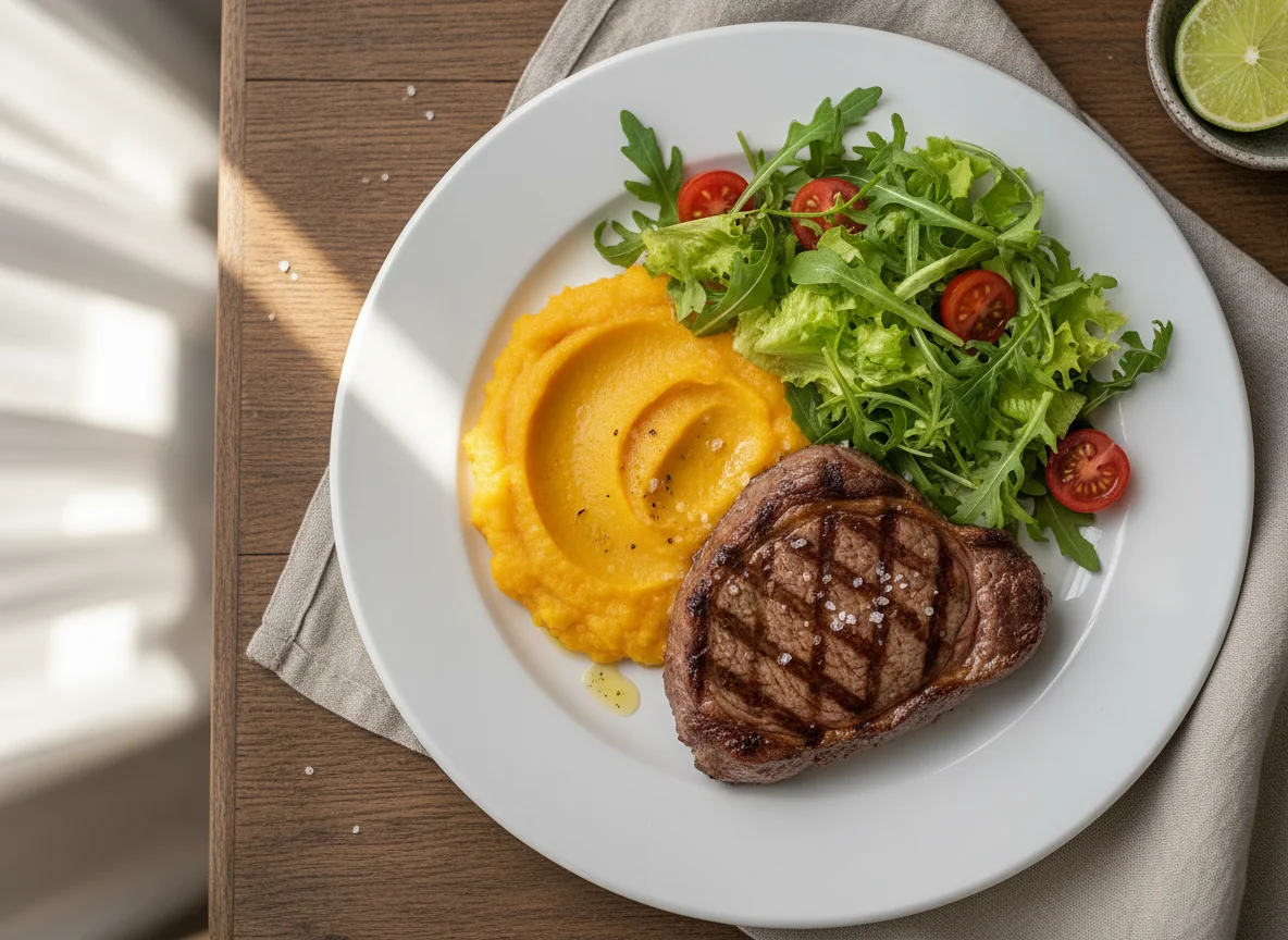 Prato com bife, purê de abóbora e salada photo