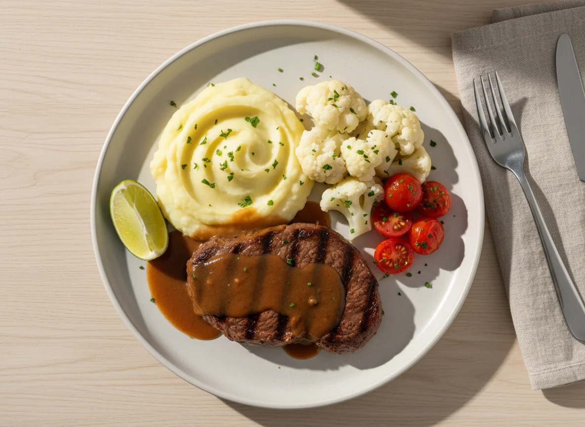 Prato com bife, purê de batata, couve-flor e tomate cereja photo