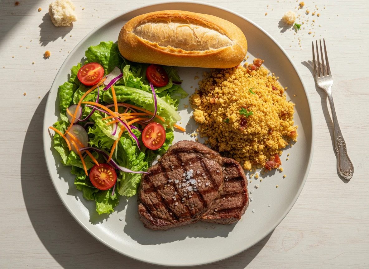 Prato com bife, salada, farofa e pão photo