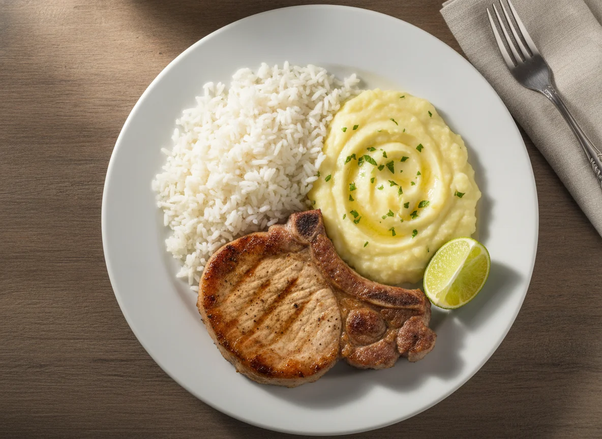 Prato com bisteca, arroz e purê de batata photo
