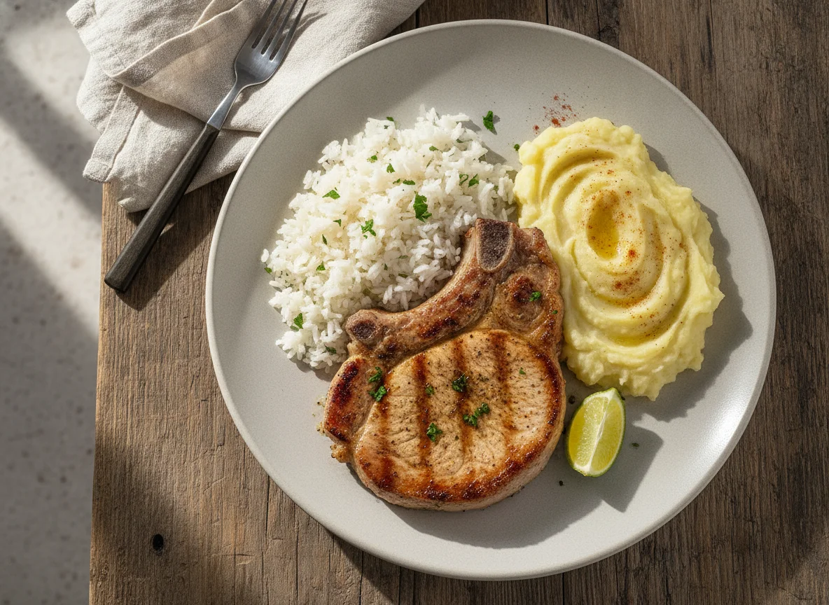 Prato com bisteca, arroz e purê photo