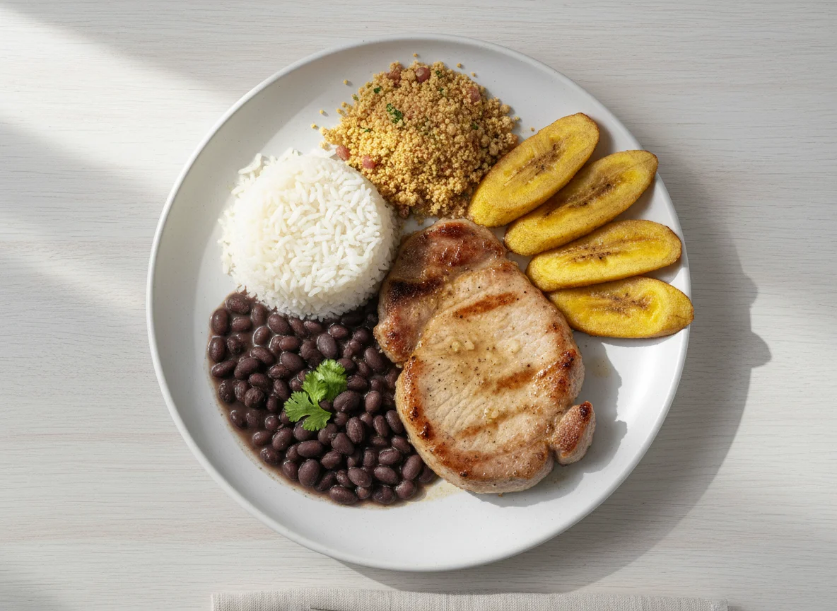 Prato com bisteca de porco, arroz com feijão e banana da terra photo