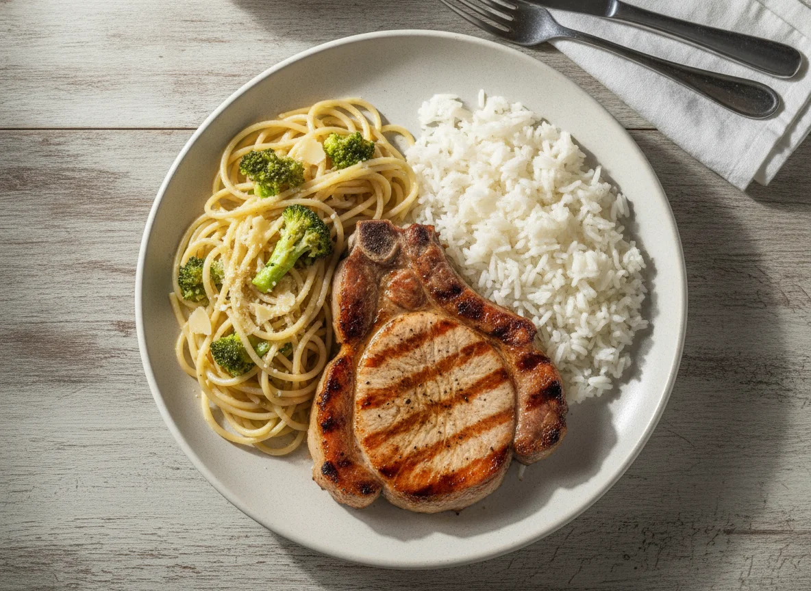 Prato com bisteca de porco, arroz e espaguete com brócolis photo