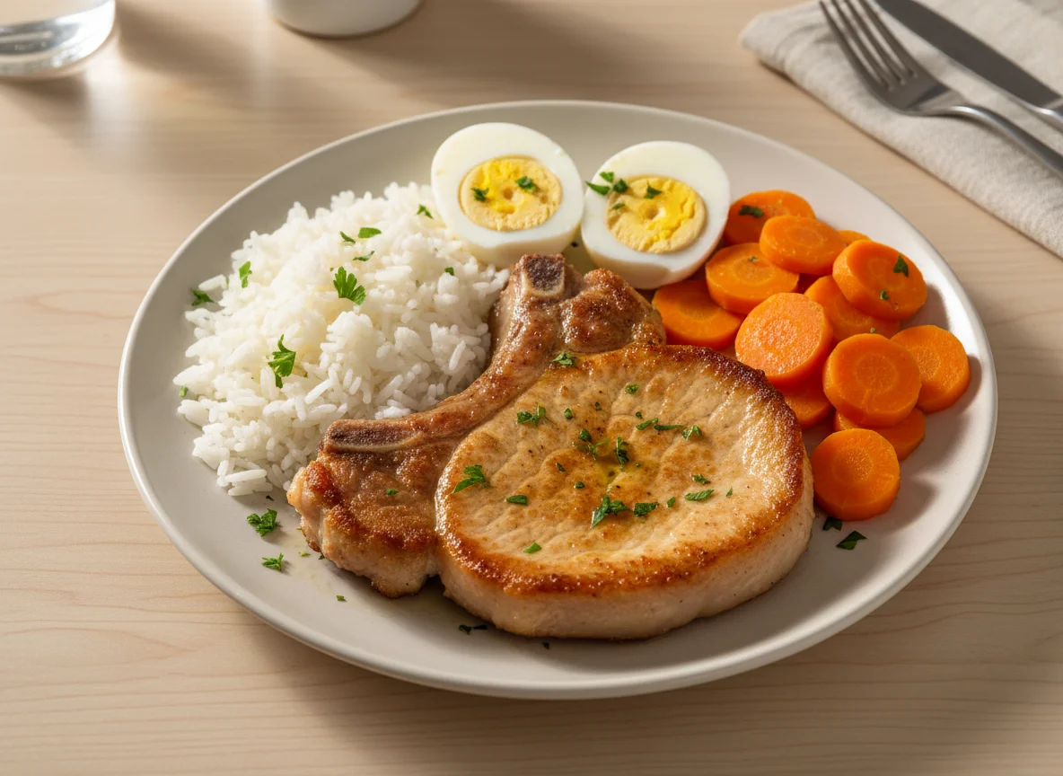 Prato com bisteca, ovos, arroz e cenoura photo