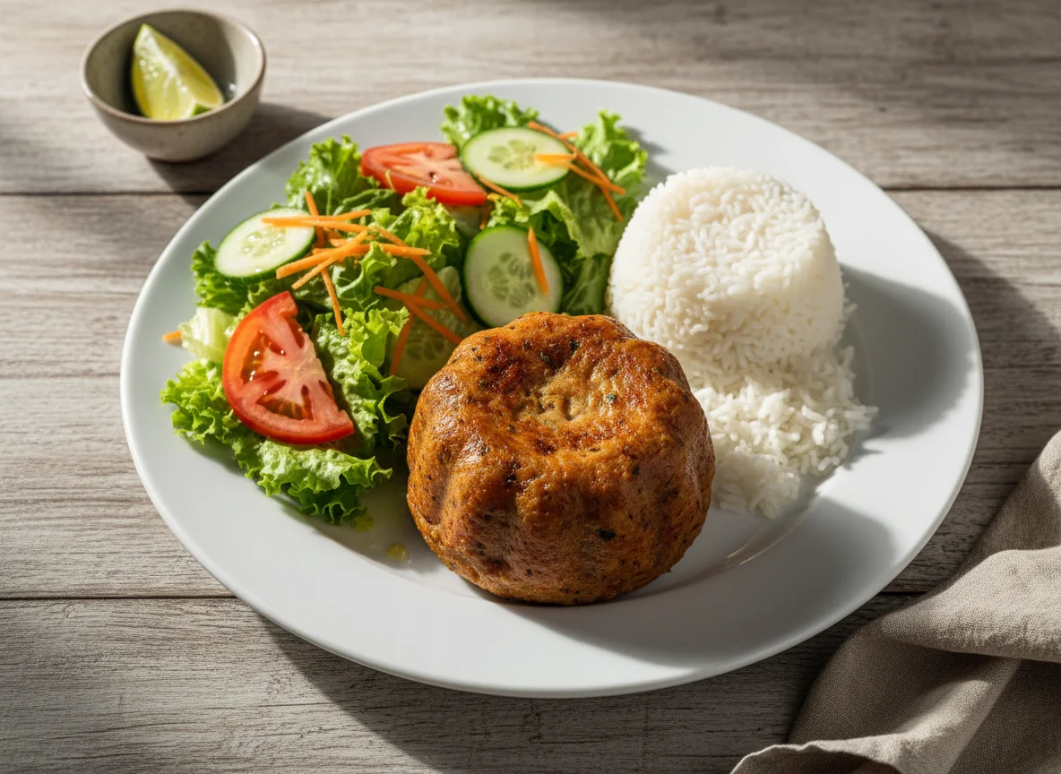 Prato com bolo de carne, arroz e salada photo