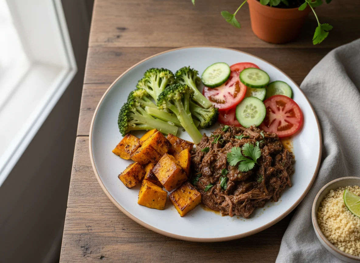 Prato com brócolis, abóbora assada, salada e carne photo