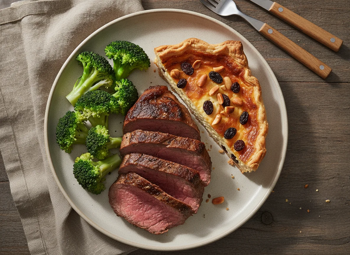 Prato com brócolis, carne e torta photo