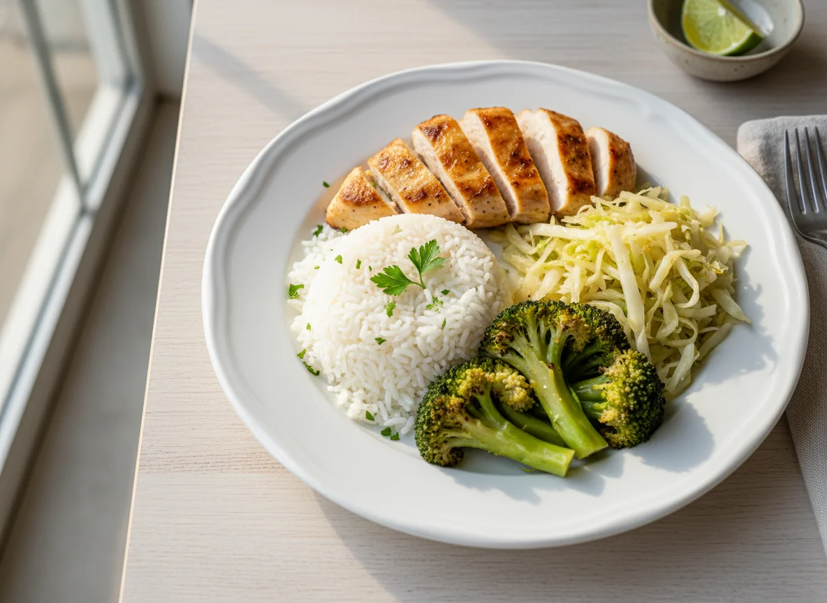 Prato com brócolis, repolho, arroz e frango photo