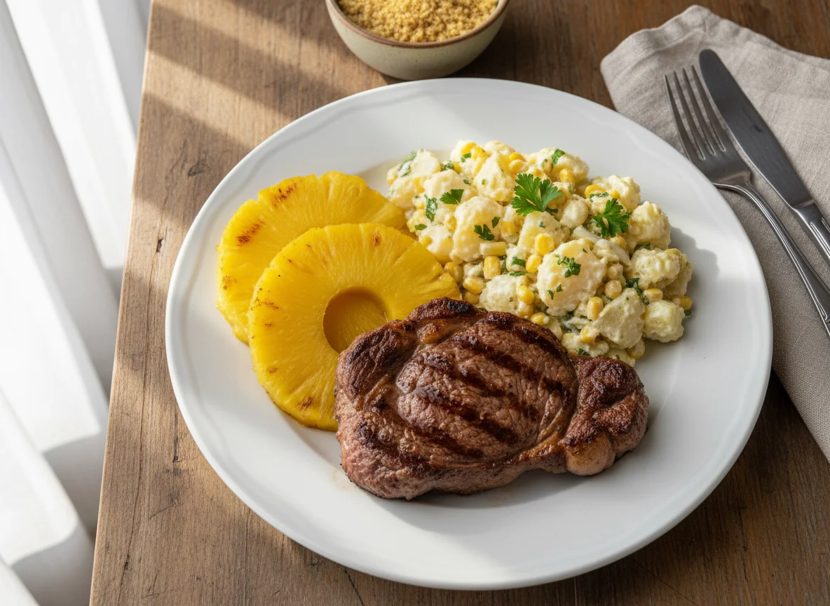Prato com carne, abacaxi e salada de batata com milho photo