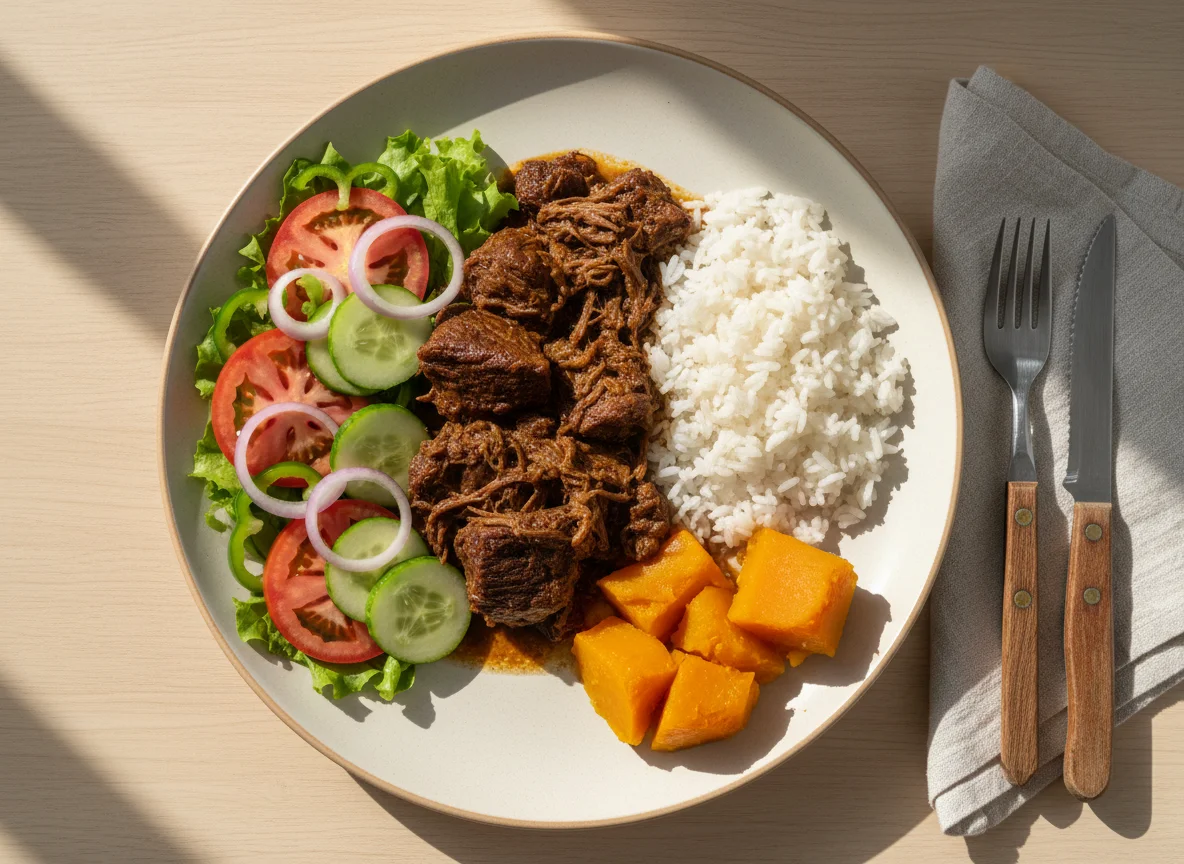 Prato com carne, abóbora, arroz e salada photo