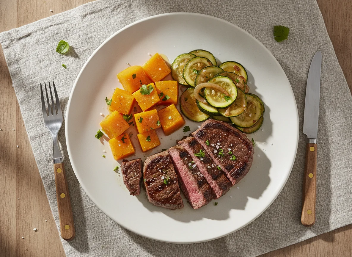 Prato com carne, abóbora e abobrinha photo