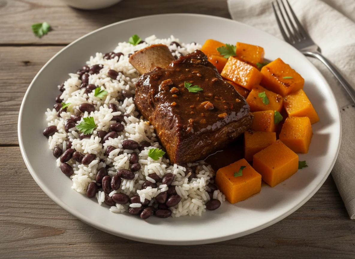 Prato com carne, abóbora e arroz com feijão photo
