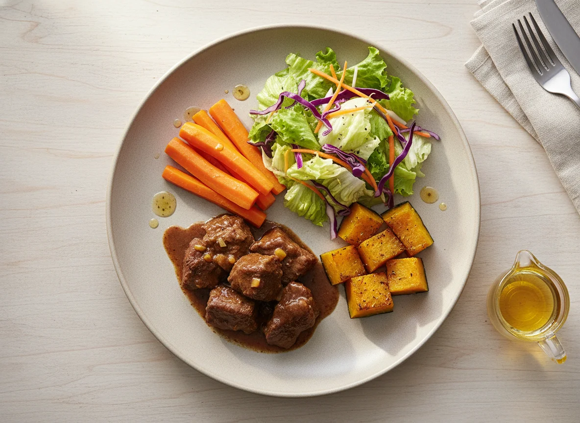 Prato com carne, abóbora e salada photo