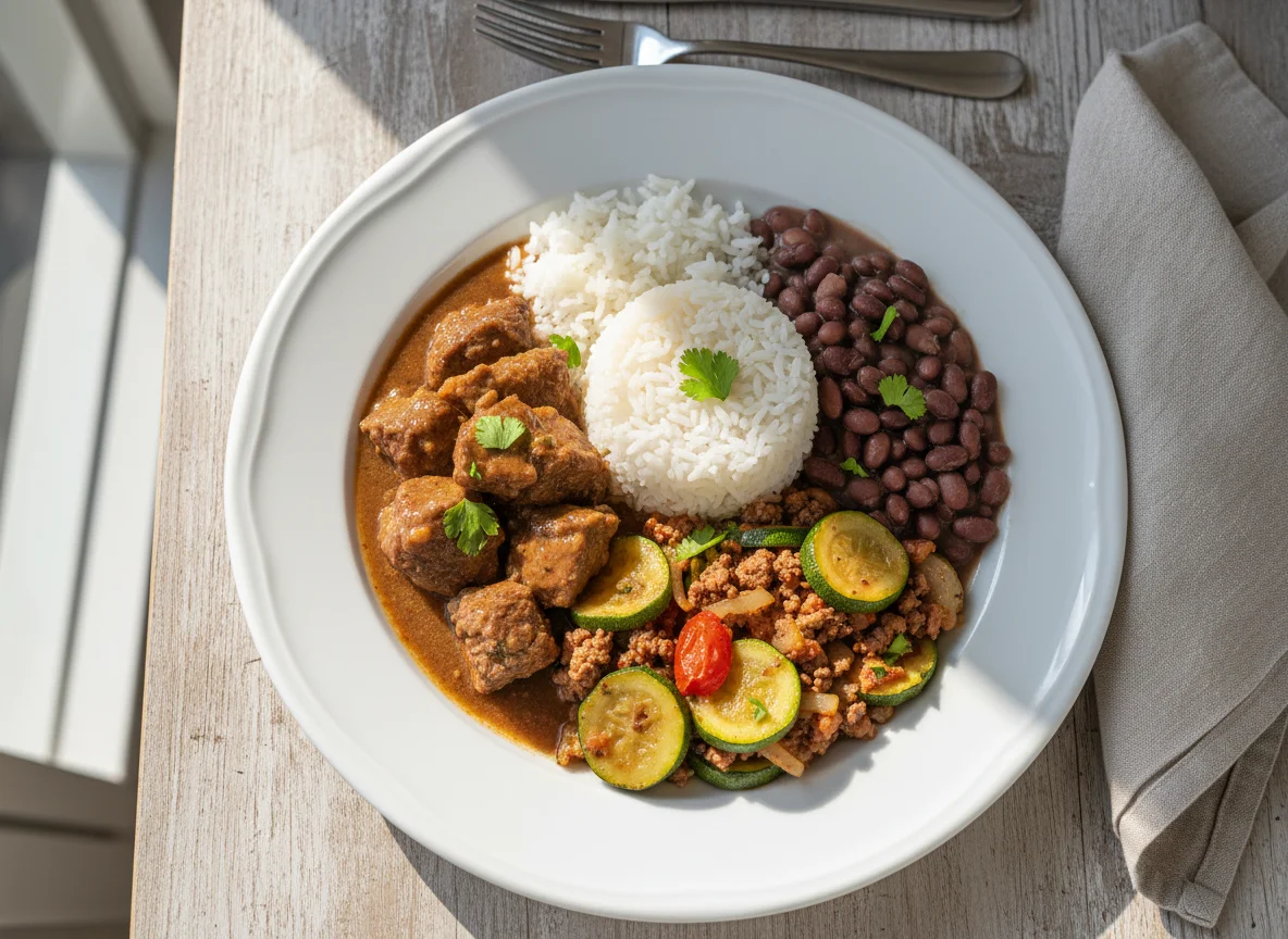 Prato com carne, abobrinha e arroz com feijão photo