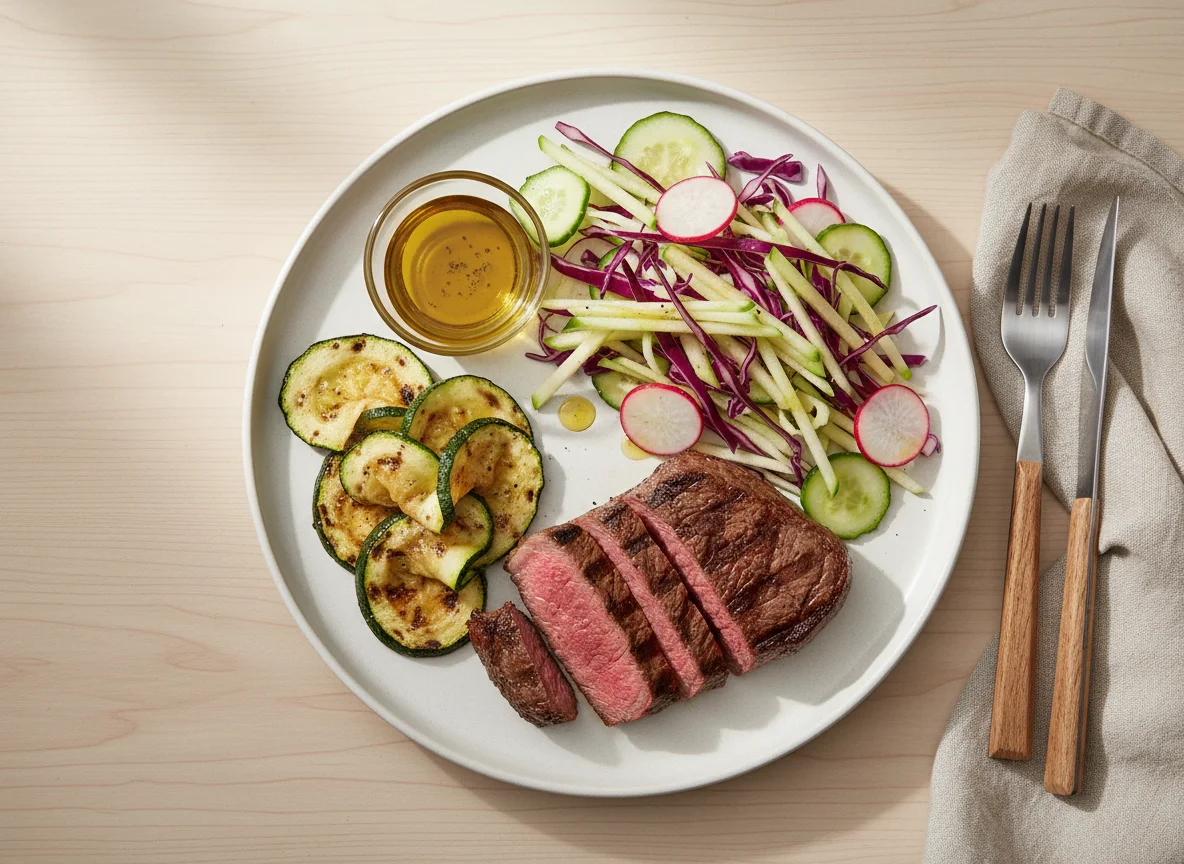 Prato com carne, abobrinha grelhada e salada de repolho photo