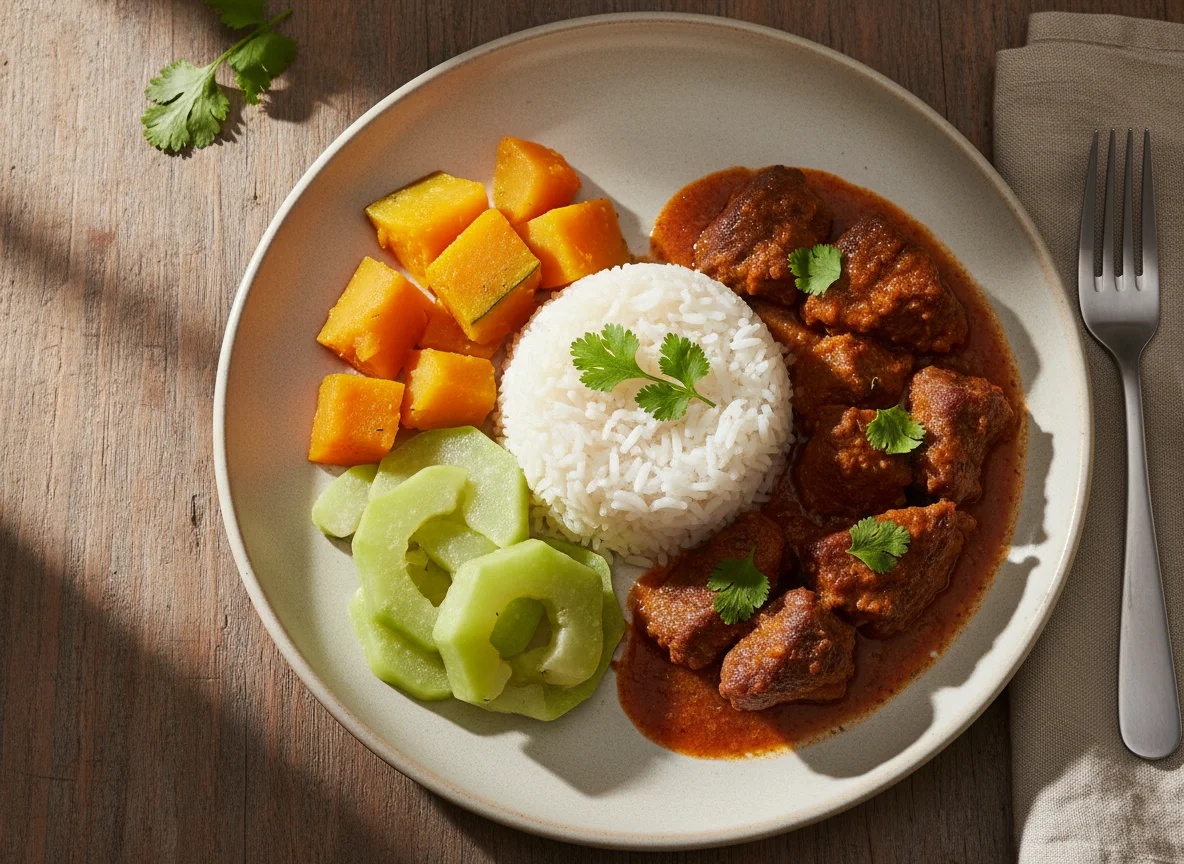 Prato com carne, arroz, abóbora e chuchu photo