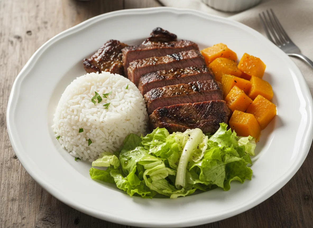 Prato com carne, arroz, abóbora e salada photo