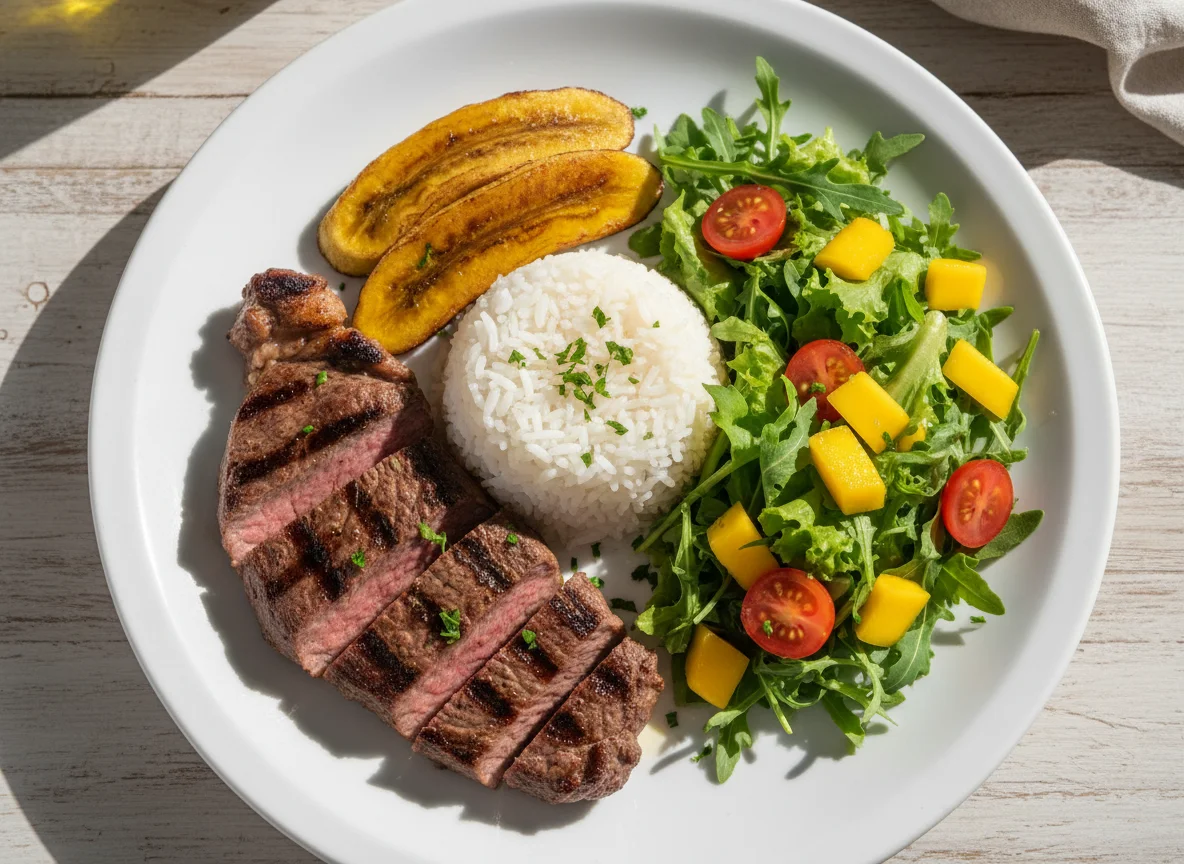 Prato com carne, arroz, banana e salada de manga photo