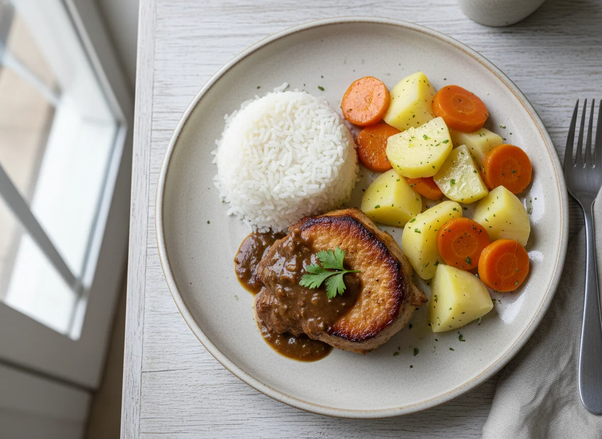 Prato com carne, arroz, batata e cenoura photo