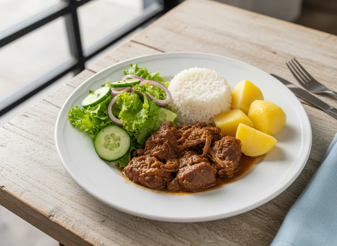Prato com carne, arroz, batata e salada photo