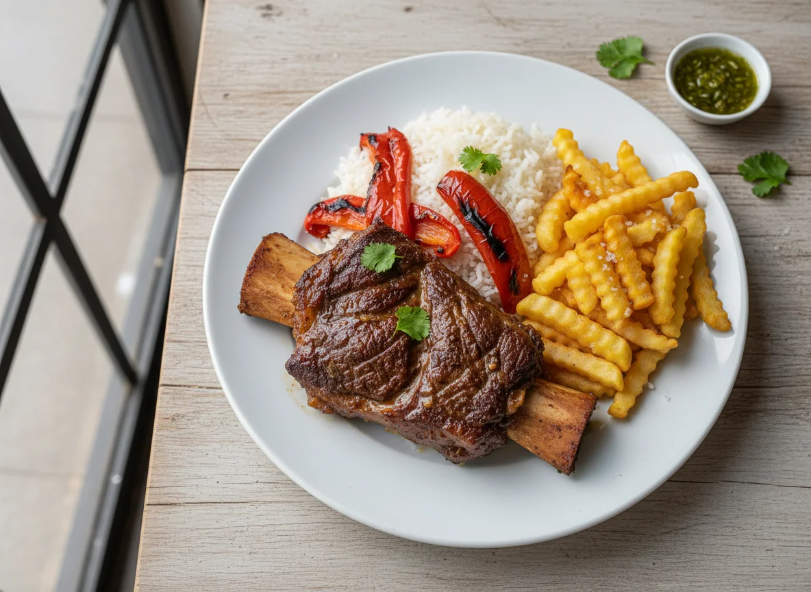 Prato com carne, arroz, batata frita e pimentão photo