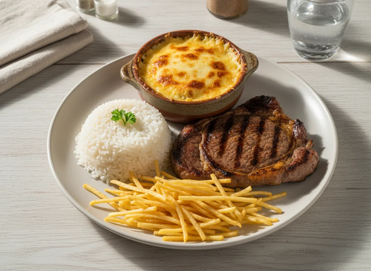 Prato com carne, arroz, batata palha e mandioca gratinada photo