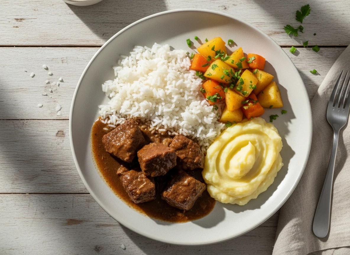 Prato com carne, arroz, batatas e purê photo