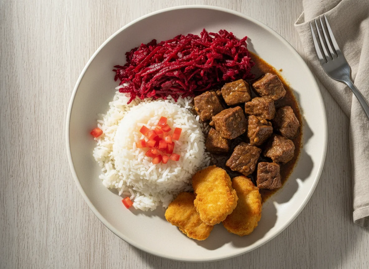 Prato com carne, arroz, beterraba e nuggets photo