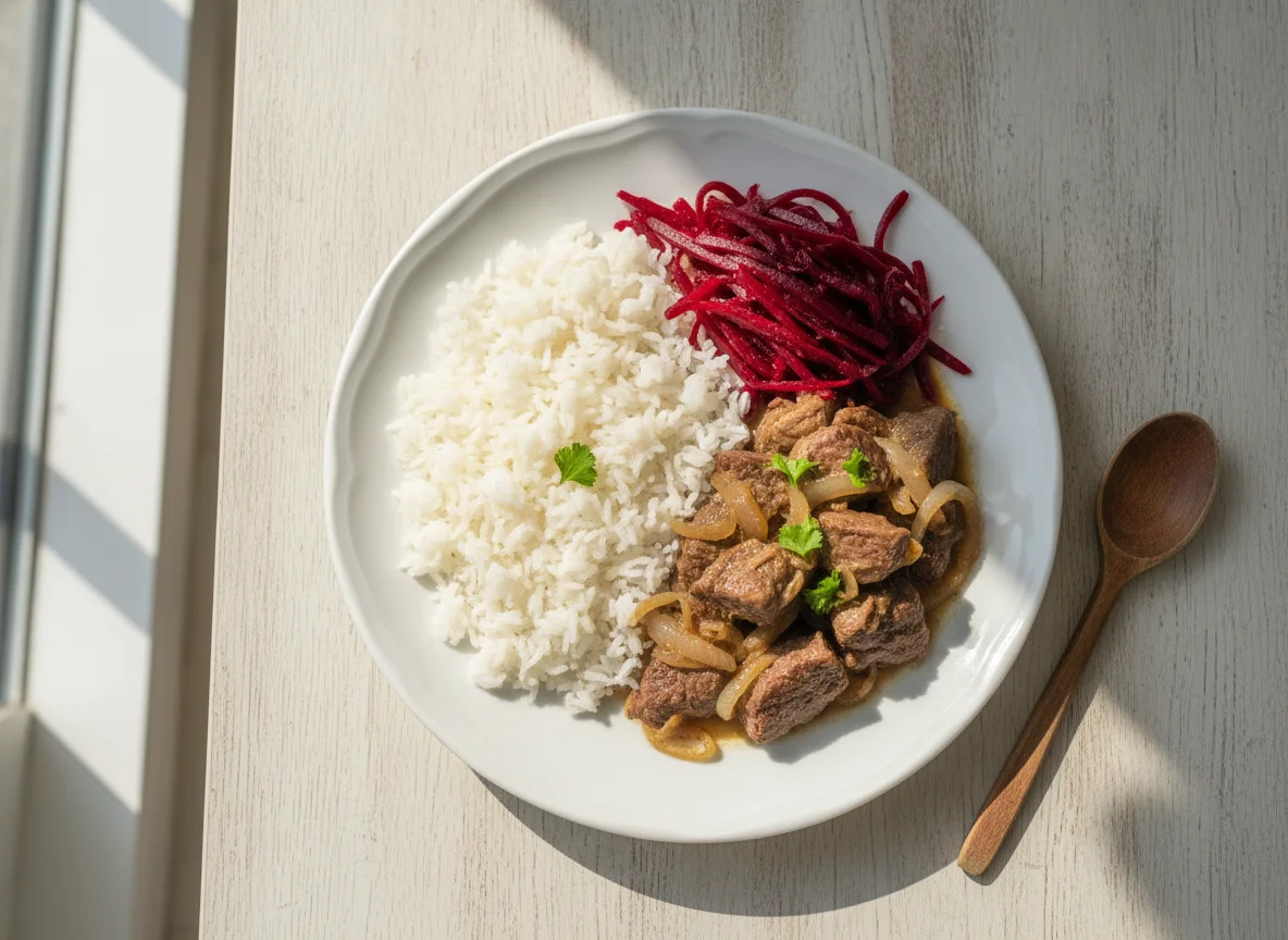 Prato com carne, arroz, cebola e beterraba photo
