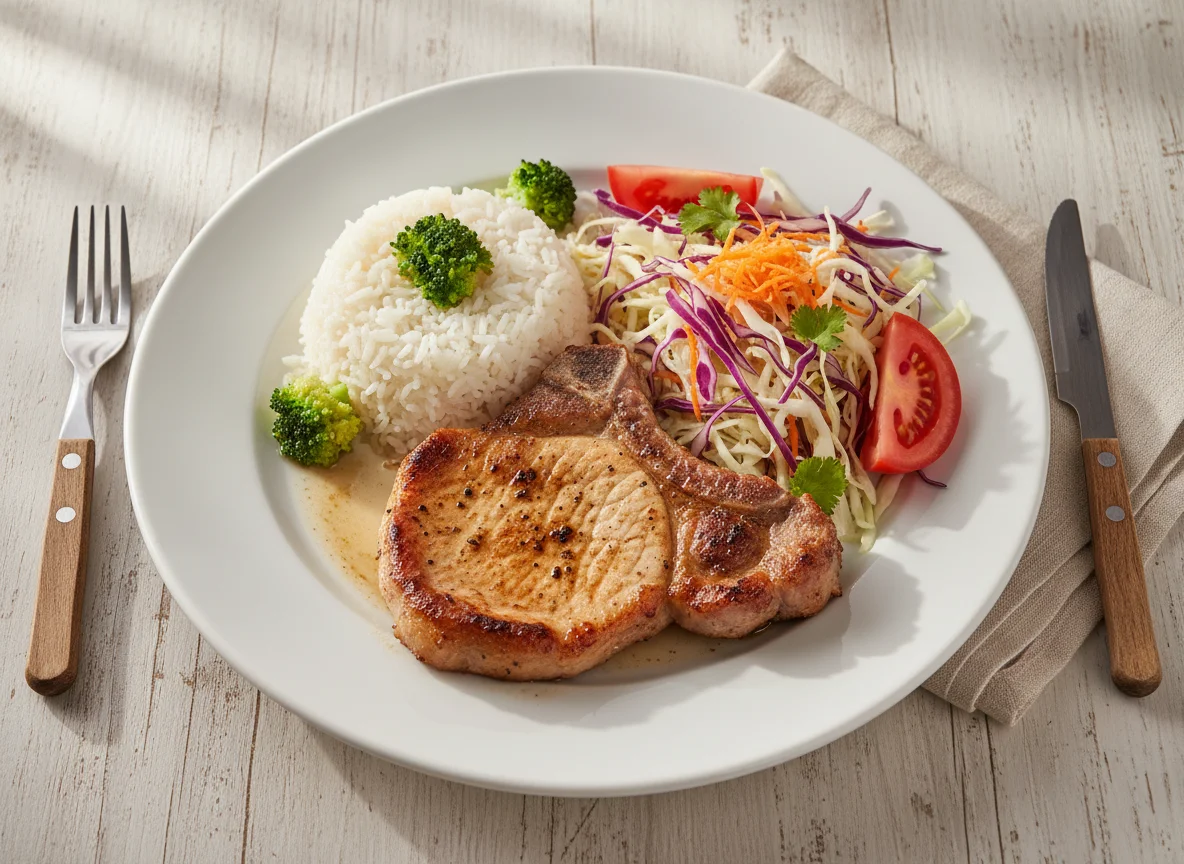 Prato com carne, arroz com brócolis e salada photo