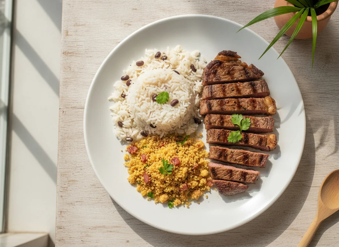 Prato com carne, arroz com feijão e farofa photo