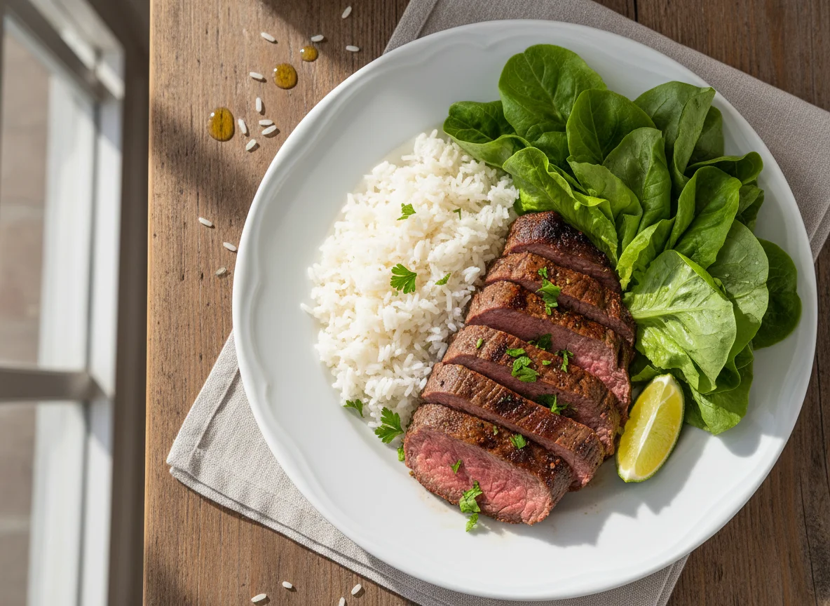 Prato com carne, arroz e alface photo