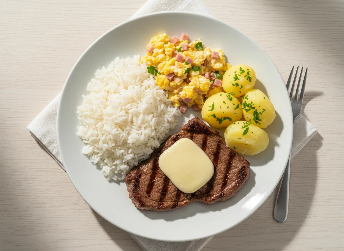 Prato com carne, arroz e batata photo