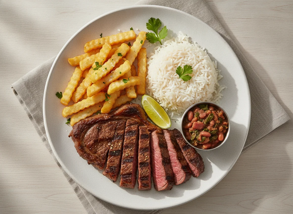 Prato com carne, arroz e batata frita photo
