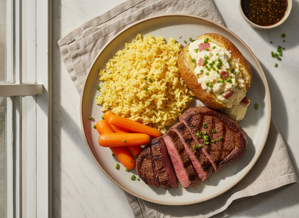 Prato com carne, arroz e batata recheada photo