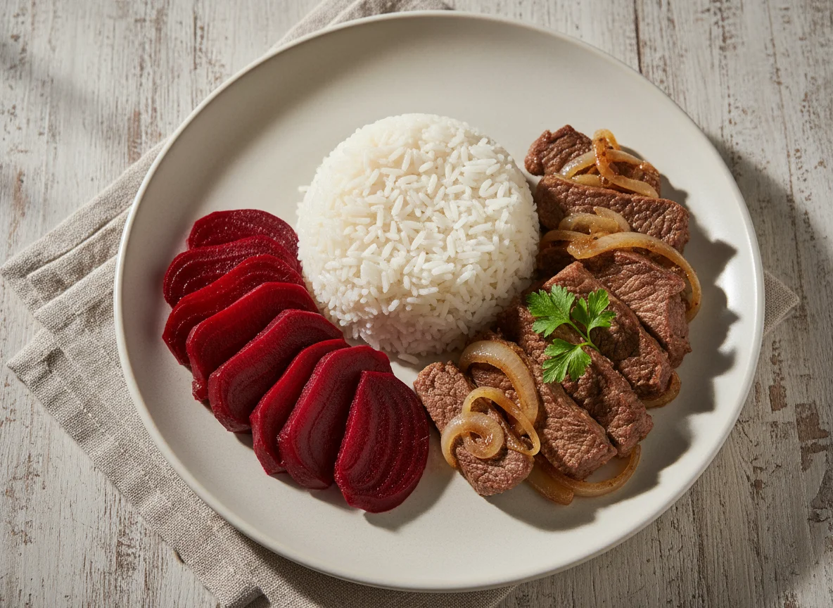 Prato com carne, arroz e beterraba photo