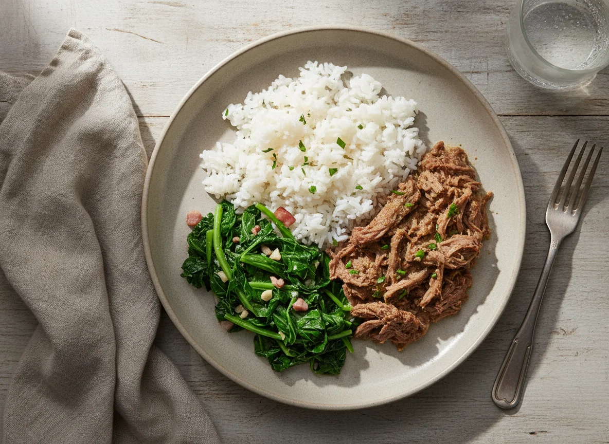 Prato com carne, arroz e couve refogada photo