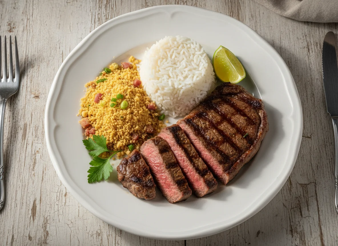 Prato com carne, arroz e farofa photo