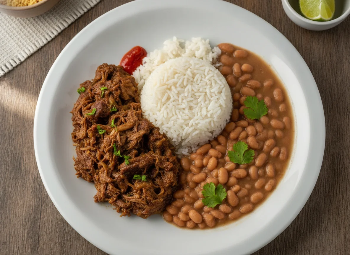 Prato com carne, arroz e feijão photo