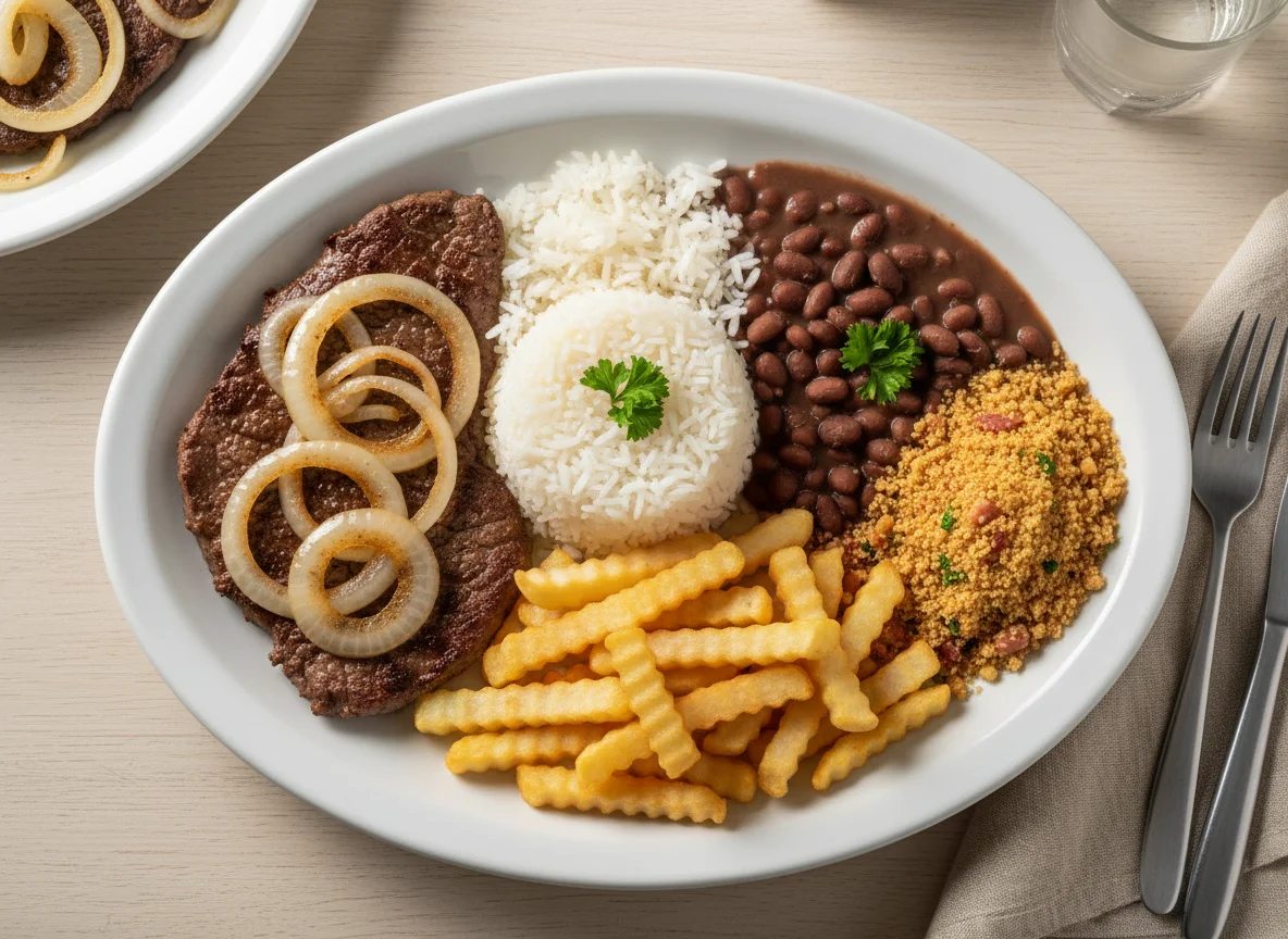 Prato com carne, arroz e feijão, batata frita e farofa photo