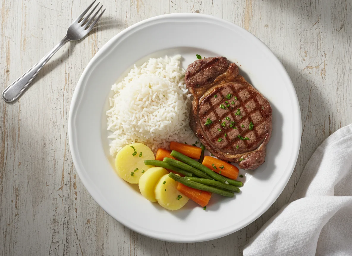 Prato com carne, arroz e legumes photo