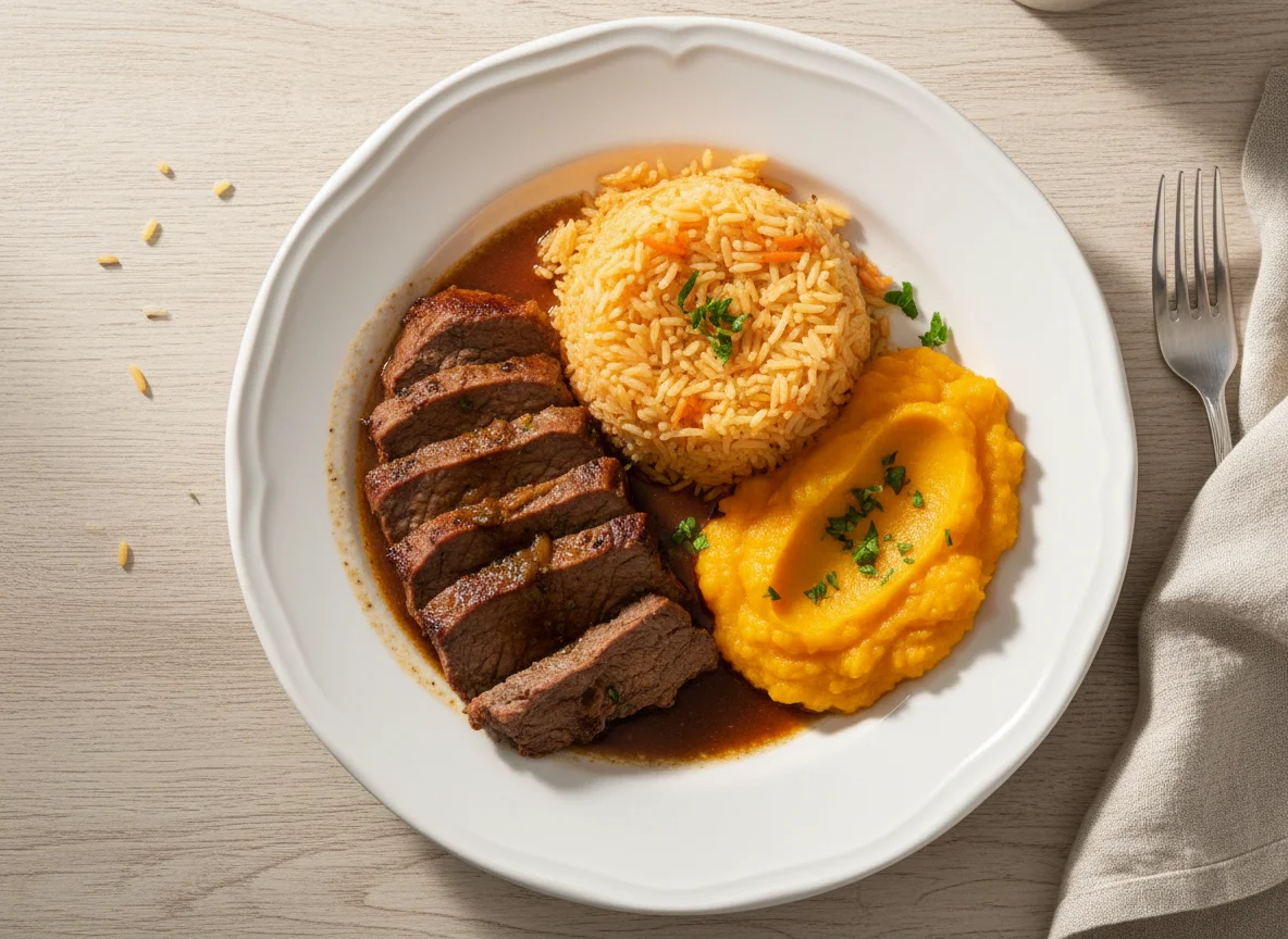Prato com carne, arroz e purê photo