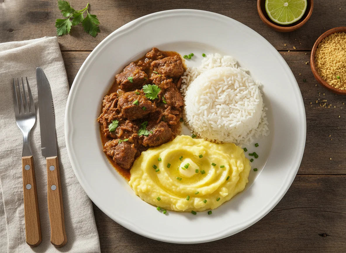 Prato com carne, arroz e purê de batata photo